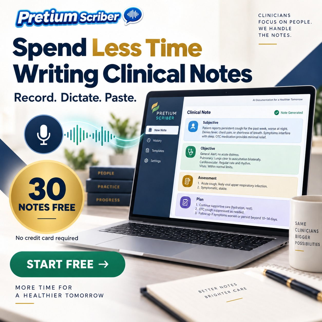 Pretium Scriber — spend less time writing clinical notes. Record, dictate, or paste to get structured SOAP notes.